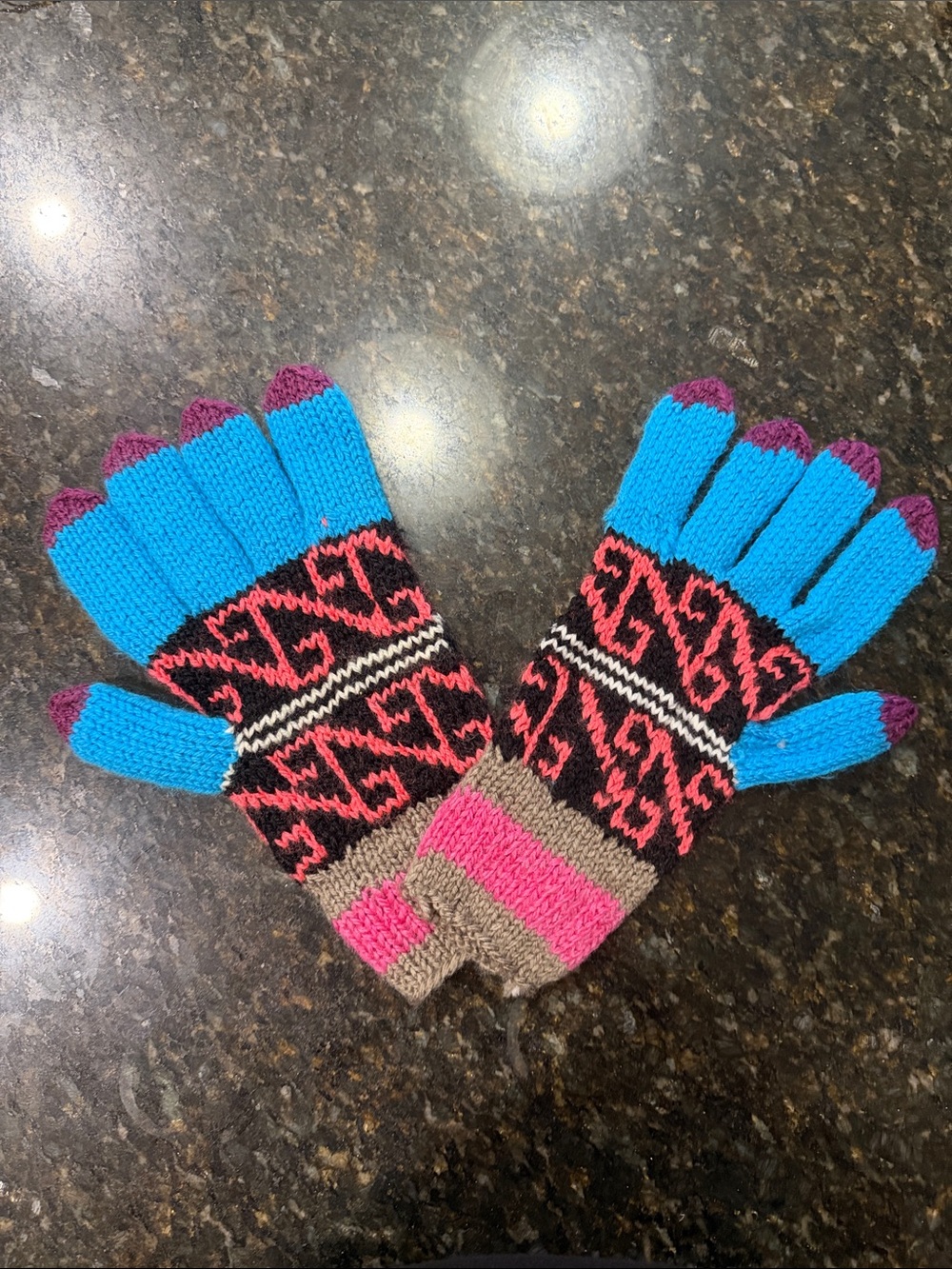 Hand Crafted Blue, Pink & Purple Patterned Knit Gloves